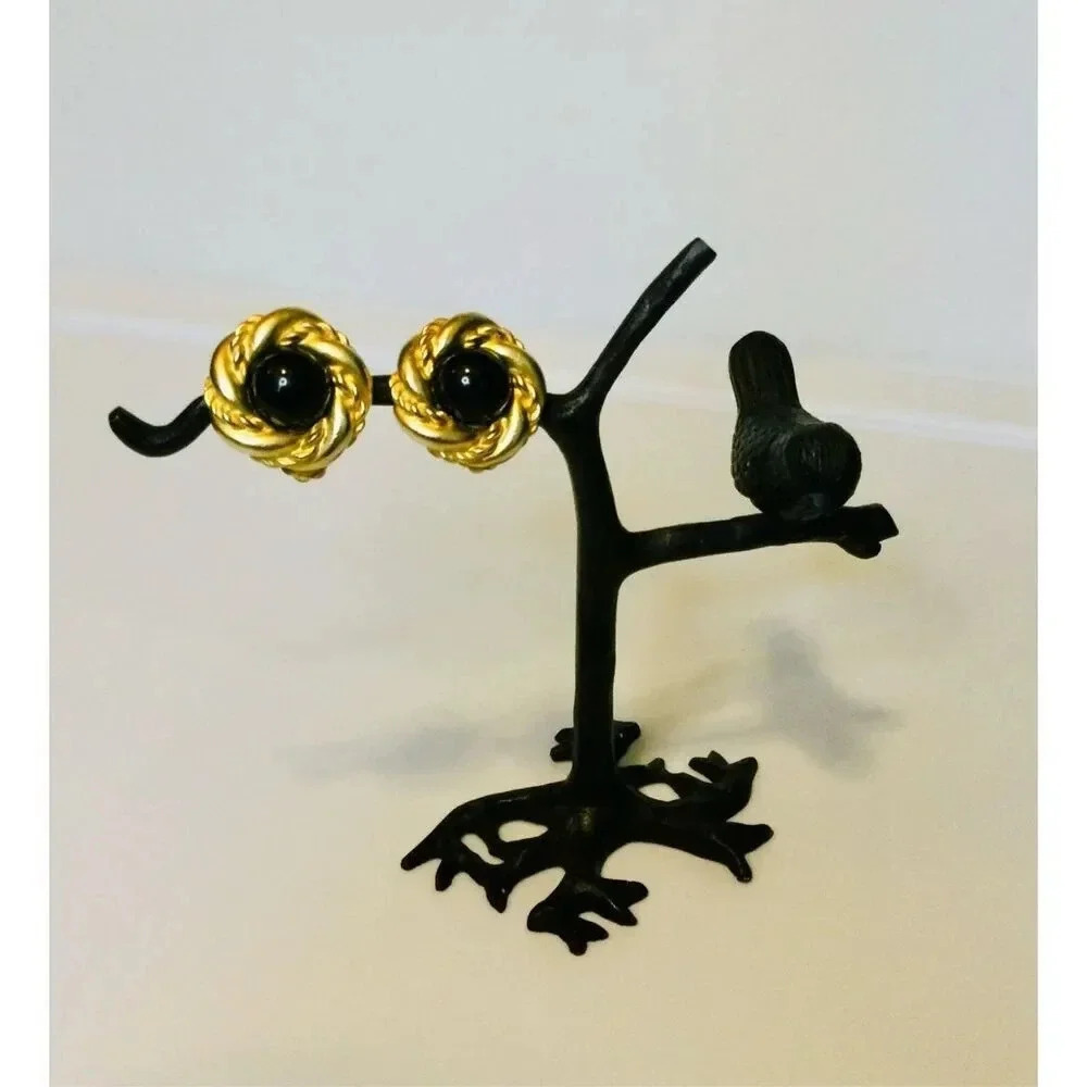 Vintage‎ Y2K Womens Black Acrylic Stone Gold Twisted Rope Magnetic Clip Earrings